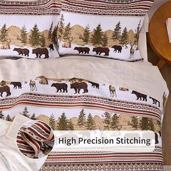 NEW! 3-Piece Lodge Bed Cover Quilt with 2 Pillow Shams for All Season, Brown - Picture 5 of 6